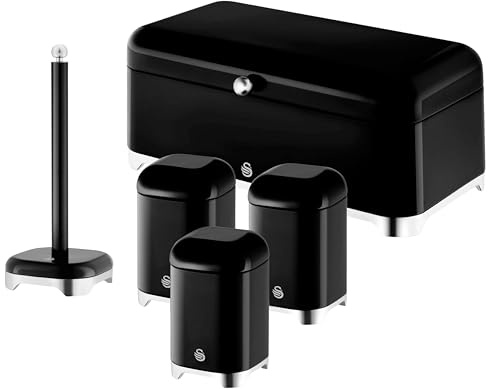 Swan Solace Black Kitchen Storage Set – Bread Bin, 3 Canisters & Kitchen Roll Holder – Gloss Black with Chrome Trim – Coordinated Modern Kitchen Organisation
