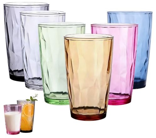 LEKEFETO Juego de 6 vasos de agua, multicolor, 500 ml, reutilizables, vasos de plástico, aptos para lavavajillas, vasos de zumo, vasos de cocina, acrílicos, irrompibles, 6 colores