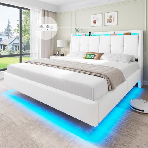 Brinlawb Polsterbett 180x200 cm Schwebebett mit LED-Beleuchtung und Ladestation (2 Steckdosen + 2 USB) Doppelbett 180x200 cm mit gepolstertem, geneigtem Kopfteil (klappbar, mit Stauraum) Weißer Samt
