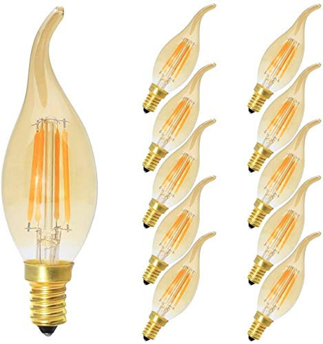 Tuoplyh 10 Stück C35 4W Retro Dimmbar Glühfaden LED Kerze Lampe, 2700K Warmweiß 400 Lumen, Ersatz für 40W Glühlampen, E14 Fassung, Flamme Form, Vergoldet Glas, 360° Abstrahlwinkel