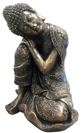 Sitting Buddha Garden Ornament Outdoor Statue Indoor Home Decor Bronzed Effect Figurine Table top Thai Meditating Décor Zen Weather Resistant 25cm Tall