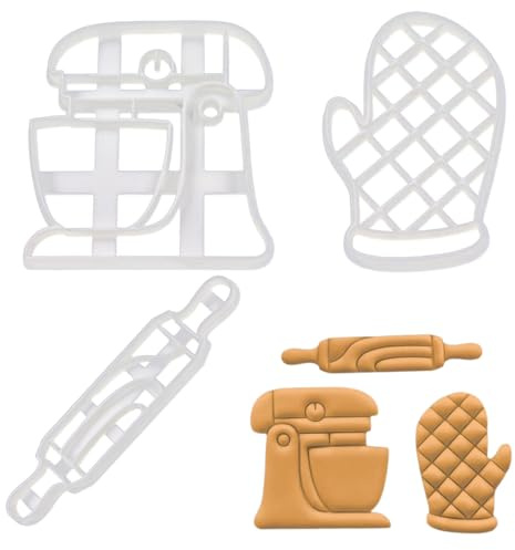 BAKERLOGY Set of 3 Baking Themed Cookie Cutters (Designs: Stand Mixer Machine, Oven Glove, and Rolling Pin) - Detailed Biscuit Cutter Design for Baking and Crafts, Ideal on Fondant, Dough, Clay