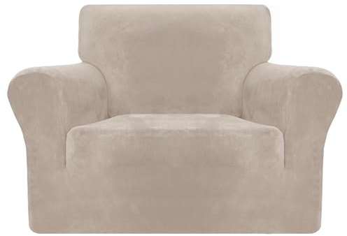 MAXIJIN Dicke Samt Stuhlhussen für Sessel Super Stretch rutschfeste Sofabezug 1-Sitzer Hunde Katze Haustier Wohnzimmer 1-teiliger elastischer Couch Protector Stuhl Schonbezug (1 Sitzer, Khaki)