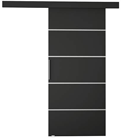 Mirjan24 Schiebetürsystem Flash III 90 mit Selbstschließer (Schwarz) | Komplettes Schiebetür-Set mit Aluminiumgriff, Selbstschließsystem und dekorativen Querlinien, links oder rechts montierbar