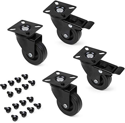 Emuca - Set di 4 rotelle pivotanti per mobile Ø50mm con piastra di assemblaggio e cuscinetti a sfere, ruote girevoli in gomma colore nero.