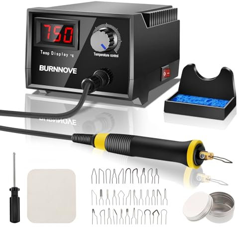 BURNNOVE Pyrography Maschine Brandmalerei Set Brandmalkolben mit 33 Holzbrennstift 0-750°C einstellbare Temperaturregelung Digitaler Bildschirm Schwarz