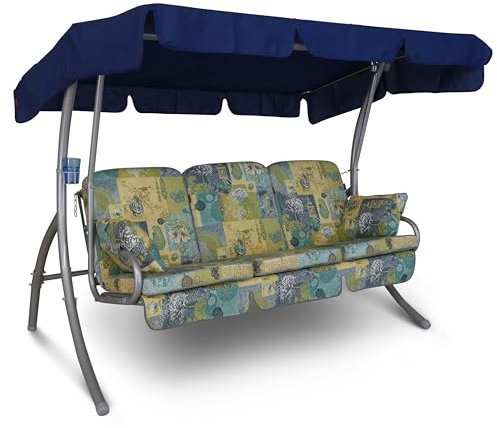 Angerer Hollywoodschaukel Comfort – Schaukel zum Sitzen, Liegen & Entspannen, inkl. Bett-Funktion, einfache Montage, Made in Germany, hochwertiger Stoff, Blau-Gelb-Türkis Gemustert