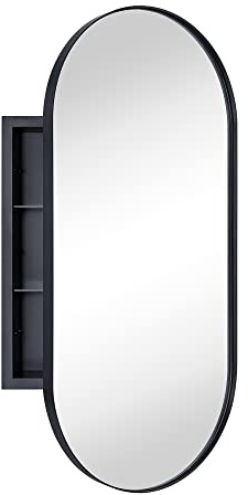 EGHOME Matte Black Oval Recessed Bathroom Medicine Cabinet with Mirror Stainless Steel Metal Framed Oblong Pill Shaped Bathroom Cabinet with Mirror 16x33''
