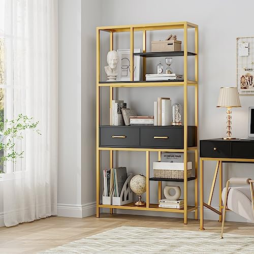 HOCSOK Bücherregal, Büroregal mit 5 Ebenen und 2 Schubladen, Standregal Holz & Metallgestell, Aufbewahrungsregal für Büro, Wohnzimmer, Schlafzimmer, Flur, 30 x 90 x 180 cm