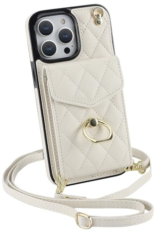 Ykerey Hülle für iPhone 13 Pro hülle mit Band Kette Schutzhülle mit Kartenfach PU Leder Metall Ring Halter RFID Standfunktion Brieftasche Cover für iPhone 13 Pro, Beige