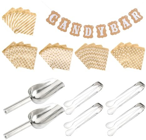 27-Piece Candy Party Tool Set, Including 4 Pieces of Candy Tongs, 2 Pieces of Sugar Shovels, 1 Piece of Banner Pull and 20 Pieces of Kraft Paper Bags, Barbecue Party Tool Set