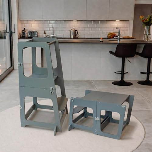 The Learning Tower Company Convertible Learning Tower, 2-in-1 Kids Kitchen Stool & Table/Chair, 1-6 Years Wooden Standing Tower with Safety Feet, Montessori Kitchen Step Stool, (Grey)
