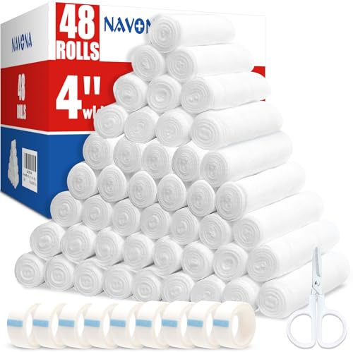 Lot de 48 rouleaux de gaze, 10,2 cm x 4,1 m, emballés individuellement, gaze respirante, bandages momie, fournitures de premiers soins et fournitures médicales pour plaies
