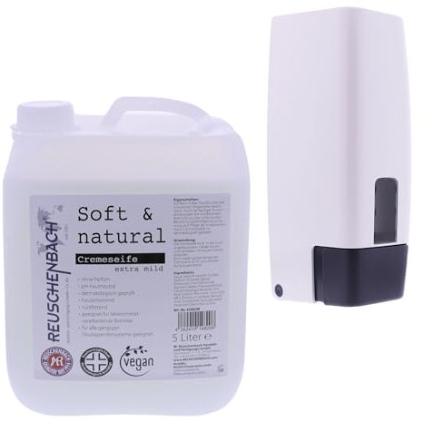 Reuschenbach Vegane Cremeseife Soft & Natural 5L + Seifenspender 1L - Extra Milde Handseife für Lebensmittelverarbeitende Betriebe - Dermatologisch Getestet