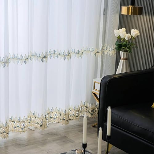 Vorhänge Durchsichtig Beige, Einfache Voile-Vorhänge mit geometrischem Muster für Schlafzimmer, Beige, 102 x 214 cm