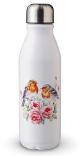 MAXIKIWI - Single Wall Water Drinking Bottle with Screw Cap, Non Insulated Lightweight Aluminium, BPA Free, Leak-Proof - Robins in a Rose Garden - 500ml