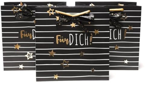 3 Stück Premium Geschenktaschen - Weihnachten - á 22x22x11 cm Papier Geschenktüte Papiertüte mit Schleife schwarz - gold Für Dich Sterne