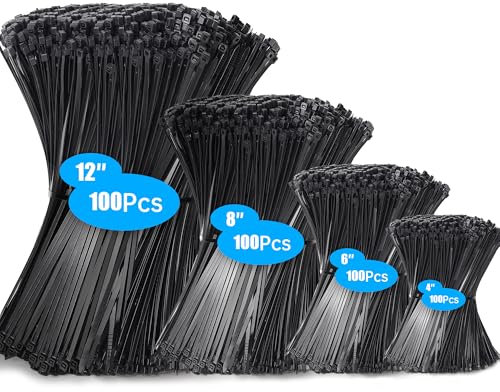 400 pezzi Fascette Elettricista Nere, 100/150/200/300mm Fascette Plastica, Fascette Nere Resistente Allatemperature, Resistenza Alla Rottura 18 kg per Gestione dei Cavi Elettrici, Fili, Giardinaggio