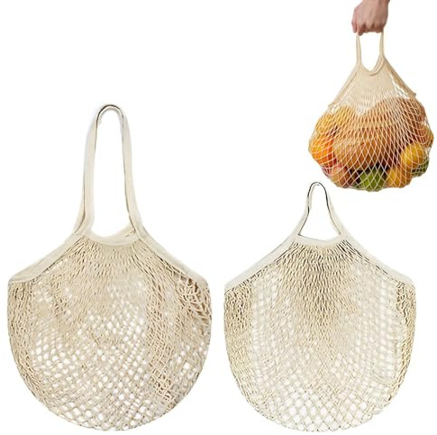 2 Stück Netztasche Sandspielzeug Wiederverwendbar,Netzbeutel aus Bio Baumwollseil,Einkaufsnetz,Netztasche Strand,Netz-Einkaufstaschen,zur Aufbewahrung Von Obst Und GemüSe,Beige
