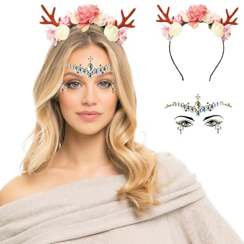 Chyuxinda Rentier Haarreif Geweih mit Gesicht Tattoos Kostüm Haarreifen für Halloween Karneval Fasching Cosplay Party Mottoparty Christmas Weihnachten