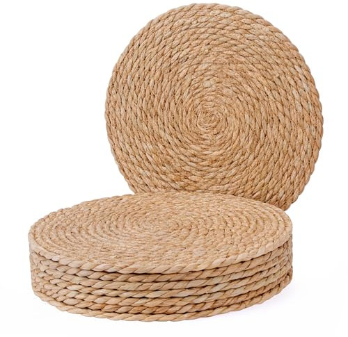 Woven Placemats Set, 12 Round Boho Hand-Woven Rattan Natural Water Hyacinth Placemats, Farmhouse Weave Chargers, Heat Resistant Rustic Braided Wicker for Dining Table,Kitchen,Wedding,Home(Set of 8)