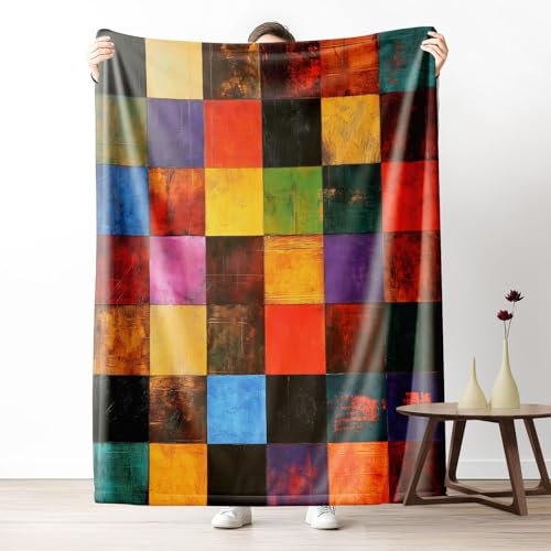 Gklnmcx Couverture en Canapé Carreaux Géométrique Coloré, Plaid Lavable Patchwork Abstrait Vieilli Vintage, Couverture Décorative Doux Léger Ne Peluche Pas 130x180