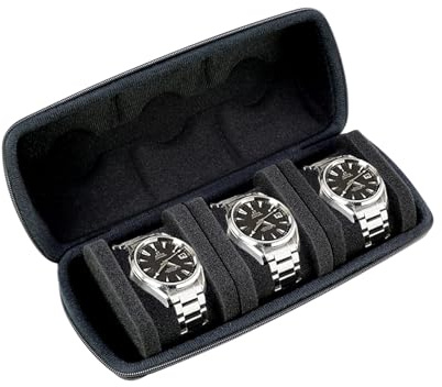 Kai Tian Estuche rígido de viaje para reloj de hombre con 3 ranuras, caja organizadora portátil con cremallera EVA y almohada de espuma suave