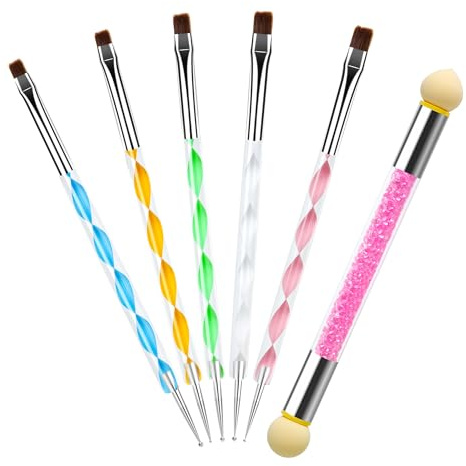 Kit de 6 Pinceau Nail Art Ongles Double Face avec Éponge – Set Professionnel pour Nail Art, French Manucure et Dégradés, Idéal pour Gel UV et Designs Créatifs，Pinceaux à Ongles，Pinceau Gel Uv Construc