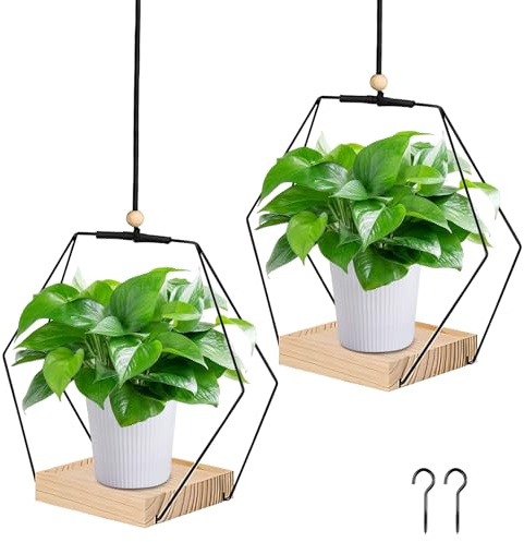 Skeadex Blumenampel Hängend Innen,Metallring mit Hölz Basis,Blumenampel Metall Hängetopf für Pflanzen,Blumentopf Schwarz Hängeblumentöpfe Innen mit Haken,Geeignet für 3-4,5 Zoll Blumentopf (2, C)