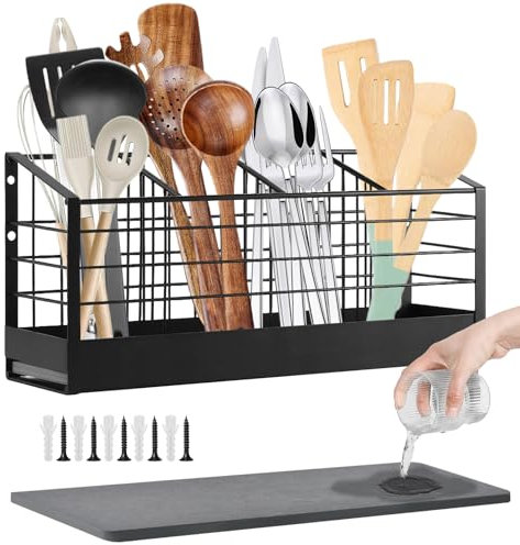 Cyiecw Küchenutensilienhalter mit Schnell Trocknendem Kieselgurboden, Große 4 Fächer Kohlenstoffstahl Besteckhalter, Utensilienhalter für Küchentheke und Wand, Schwarz