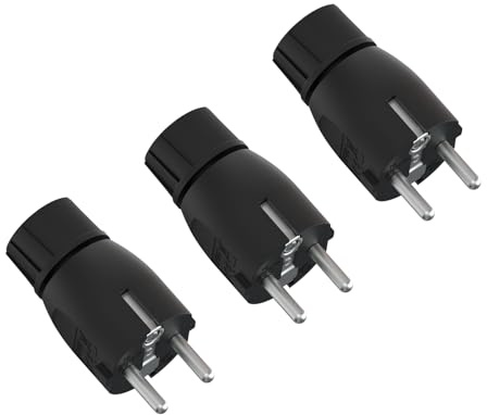 Temolink Schuko Stecker 3 Stück, Gerader Schutzkontaktstecker mit Knickschutz, Schukostecker für Kabel bis 2,5 mm², IP20 Stromstecker für den Innenbereich, 250 V 16A, Kunststoff, Schwarz