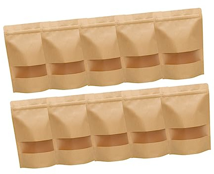 Ciieeo 50pièces Pochette Emballage Sur Pied Papier Kraft Avec Fenêtre Transparente Sachets Zippés Auto-scellants Pour Biscuits Snacks Café Thé Et Aliments Secs