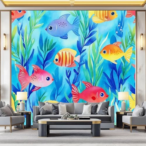 3D Mural Sous-Marin Poisson Aquatique Papier peint panoramique 250 x 175 cm Revêtement mural décoration chambre salon - Design moderne Murale Effet Trompe Loeil Bleu coloré