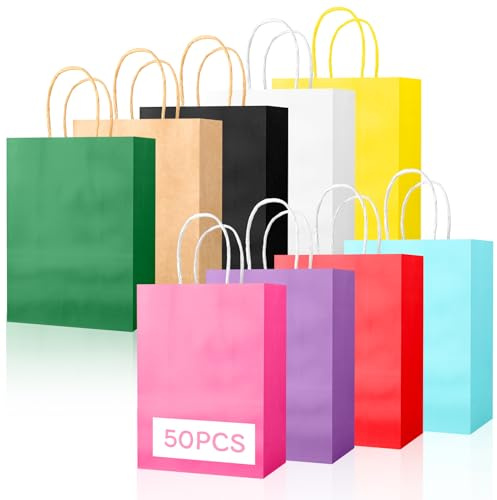 Bolsas Papel Kraft - Bolsa de Regalo - Bolsas de Papel con Asas - Bolsas Cumpleaños Infantil 15x8x21cm, 50 Piezas Bolsas Chuches para Fiesta, Compras, Bodas