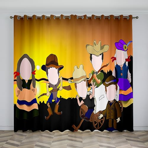 Animation Net Curtains for Windows Cowboy Blackout Curtains, 3D Printed Drape Insulated Curtains, 2 Pack with Hooks, Removable and Washable for Bedroom Living Room Kitchen Pavilion