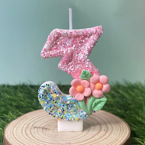 Ovanda Geburtstagskerze 3 Rosa Blume Kuchen Topper mit Pailletten, zum 3 Geburtstag mit Tablett und Stab Eine Kerze für Den 3 Geburtstag Geburtstagsparty Kuchendeko und Geschenke, Zahlenkuchenkerze