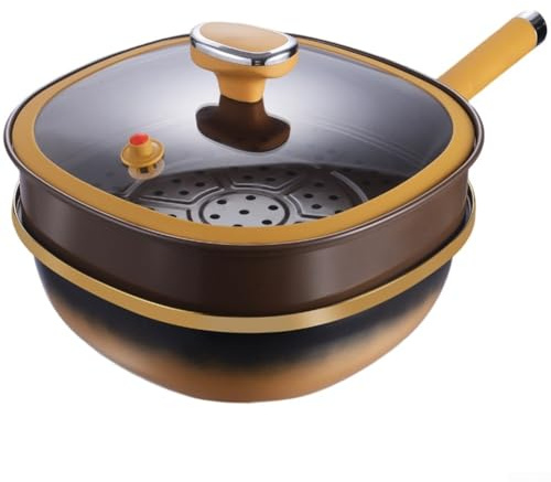 12-Inch Non-Stick Deep Sauté Pan, with Glass Lid and Steamer Basket Metal Cooking Pot for Frying, Stir-Frying and Stewing(titanium frying pan + silicone lid + steamer)