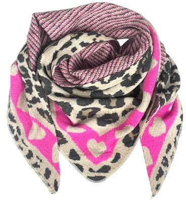 kennydoo großer Dreiecksschal mit Leoparden und Herzen Muster für Damen, XXL Schal für Herbst & Winter SW175 Leo (beige/rosa)