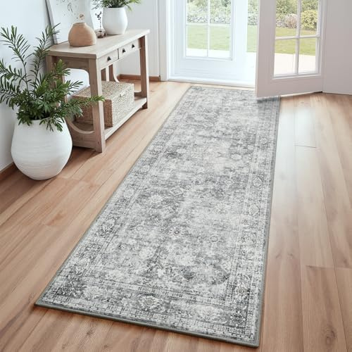 RUGICI 2x6 Washable Runner Rug, Non-Slip Hallway Runner Rugs, Low Pile Vintage Area Rug for Kitchen Hallway Entryway Bathroom Bedroom Carpet, Grey