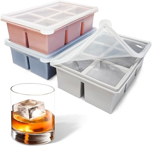 3 Packs Ice Cube Tray with Lids,2 inch 18 Cubes Easy Release Silicone Large Stackable Ice Cube Mold for Cocktail Whisky(Grey)