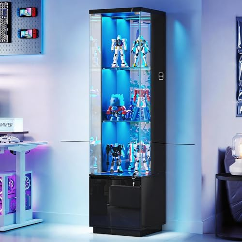 4-Tier LED Glass Display Cabinets with Human Body Sensor for Living Room | Black Curio Display with Lights,165cm Tall Display Case with High-Definition glass for Collectibles Bookcase for Toys,Liquor