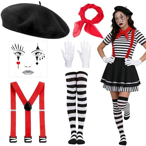 Ntwdby 6 Pezzi Costume Mimo Donna, Accessori Mimo, con Basco, Sciarpe, Guanti, Tatuaggio Viso, Bretelle e Calze a Righe, Costumi da Mimo Circo Donna, per Carnevale, Halloween, Feste a Tema