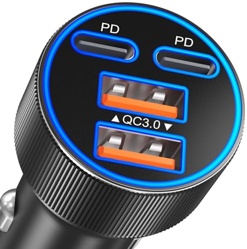 USB C Car Charger, Upgraded 90W 4-Port Dual 12V USB-C & USB-A Car Phone Charger Multiport QC 3.0/PD45W Super Fast Charging Cigarette Lighter Adapter for iPhone 17 16 15 14 Pro Max Galaxy Android