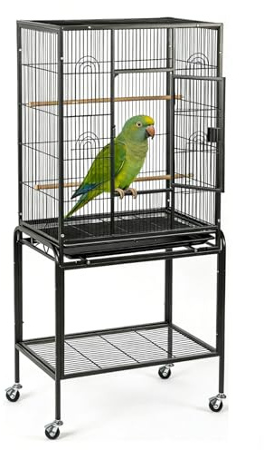 HOBBYZOO Vogelkäfig, vogelkäfig wellensittich mit Holzstangen und 4 Rollen, Voliere Mit herausziehbarer Reinigungswanne und Sicherheitsverriegelung, Schwarz, 64 x 41 x 135 cm