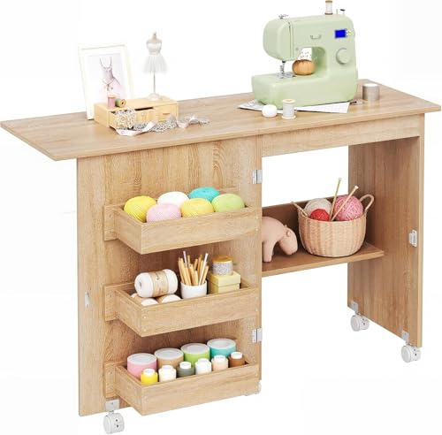 Table de machine à coudre pliable sur roulettes, table à coudre mobile avec 3 boîtes de rangement et compartiment de rangement, table de bricolage peu encombrante, table d'appoint pour salle de