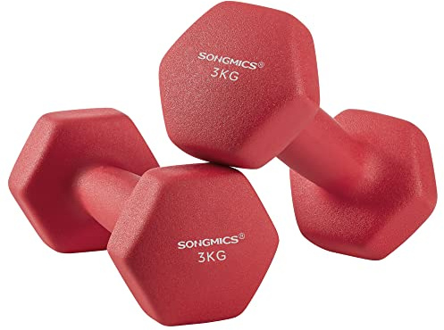 Songmics Hantelset, 2 x 3 kg, med matt beläggning av neopren, halkfri, styrketräning, hemma, röd SYL66RD