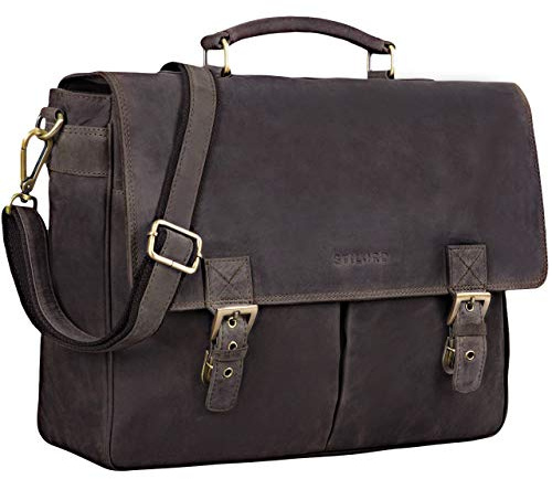 STILORD Georg Aktentasche Leder Vintage Dokumententasche Lehrertasche Business Büro für große Aktenordner 15,6 Zoll Laptopfach echtes Rindsleder Farbe:dunkel - braun