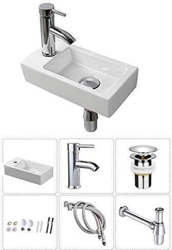 XIFIRY Modern Small Wall Hung Rectangular Ceramic Wash Basin Left Hand with Tap & Drain (Art Deco)