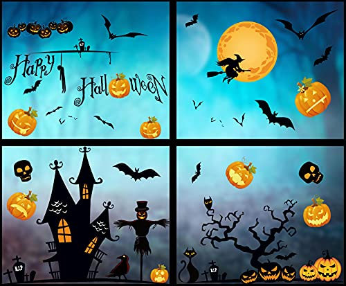 heekpek Halloween Dekoration Fenster Aufkleber Fensteraufkleber Wandaufkleber Fledermäuse Schädel Kürbis Aufkleber Selbstklebende Abnehmbare Wandtattoos für Halloween Party 8 Blätter