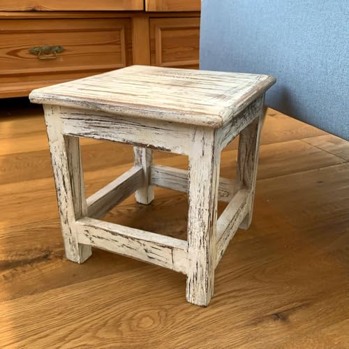 LS-LebenStil Vintage Holz Hocker - Mumbai - Teakholz - Massiv - Rustikal - Shabby Weiß - 26x25cm Schemel Fußbank Bänkchen Fußhocker Tritthocker Blumenhocker Pflanzenhocker Beistellhocker